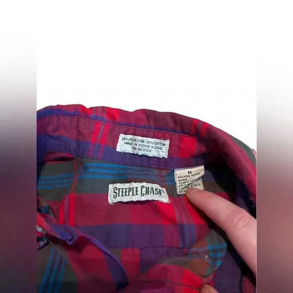 Steeple Chase Vintage Retro Men’s Long Sleeve Button Down M, Purple/Red Plaid - Picture 3 of 4